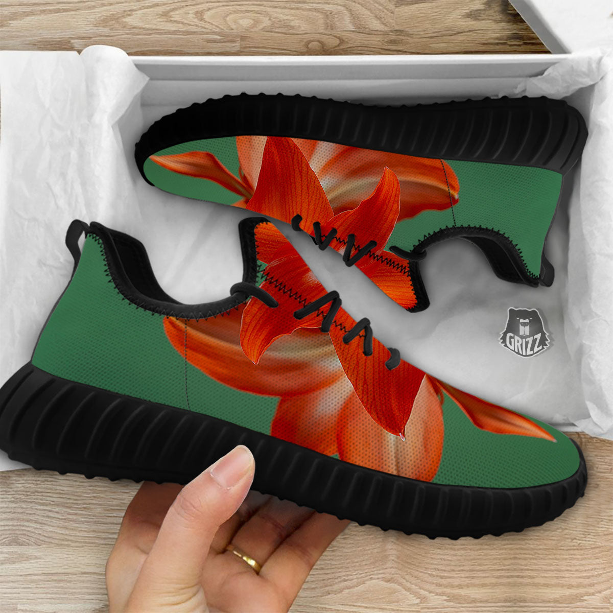 Amaryllis Orange Print Black Walking Shoes-grizzshop