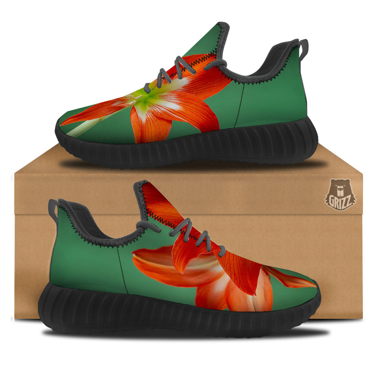 Amaryllis Orange Print Black Walking Shoes-grizzshop