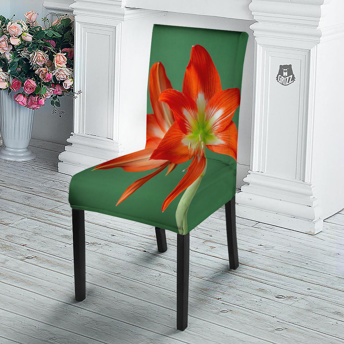 Amaryllis Orange Print Dining Chair Slipcover-grizzshop