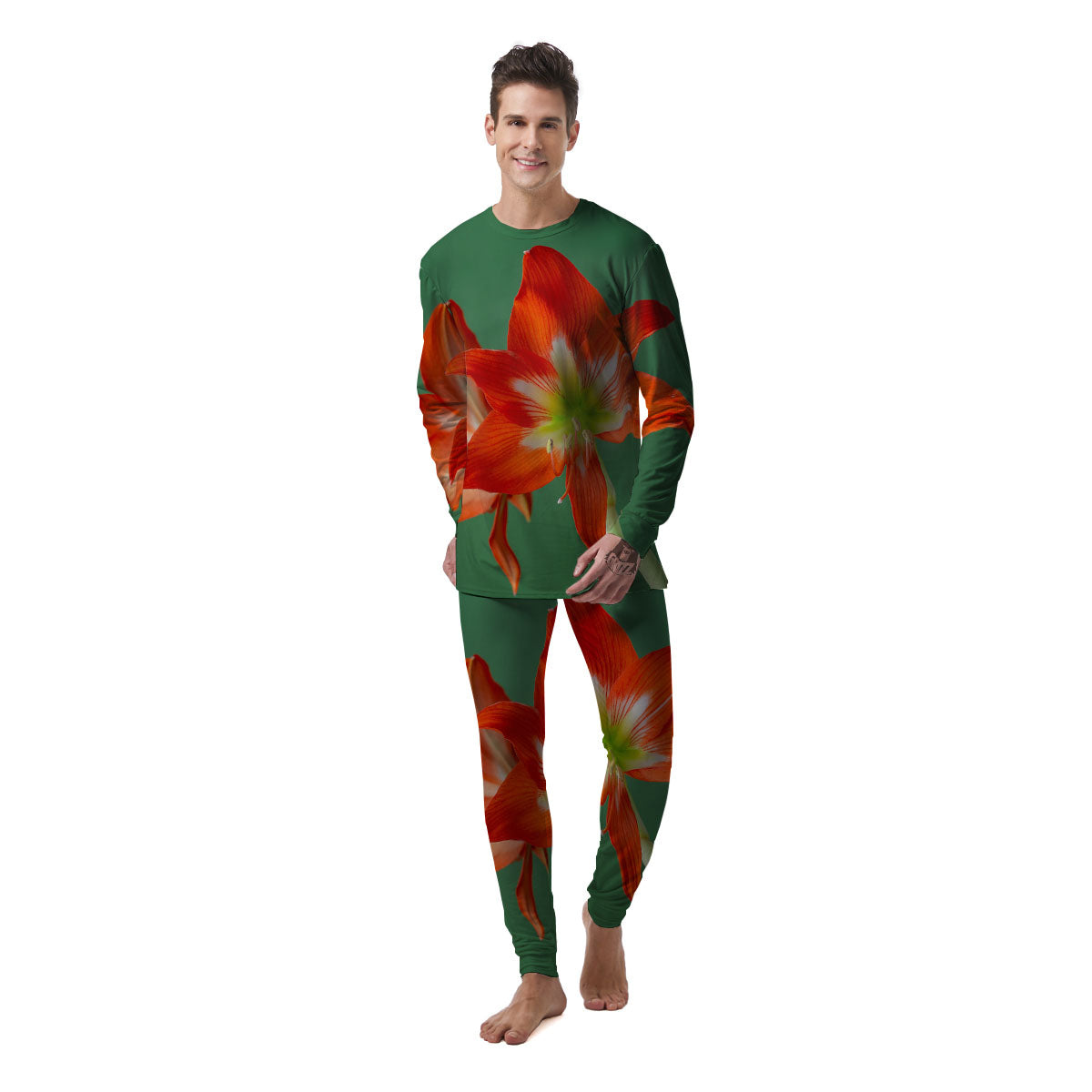 Amaryllis Orange Print Men's Pajamas-grizzshop