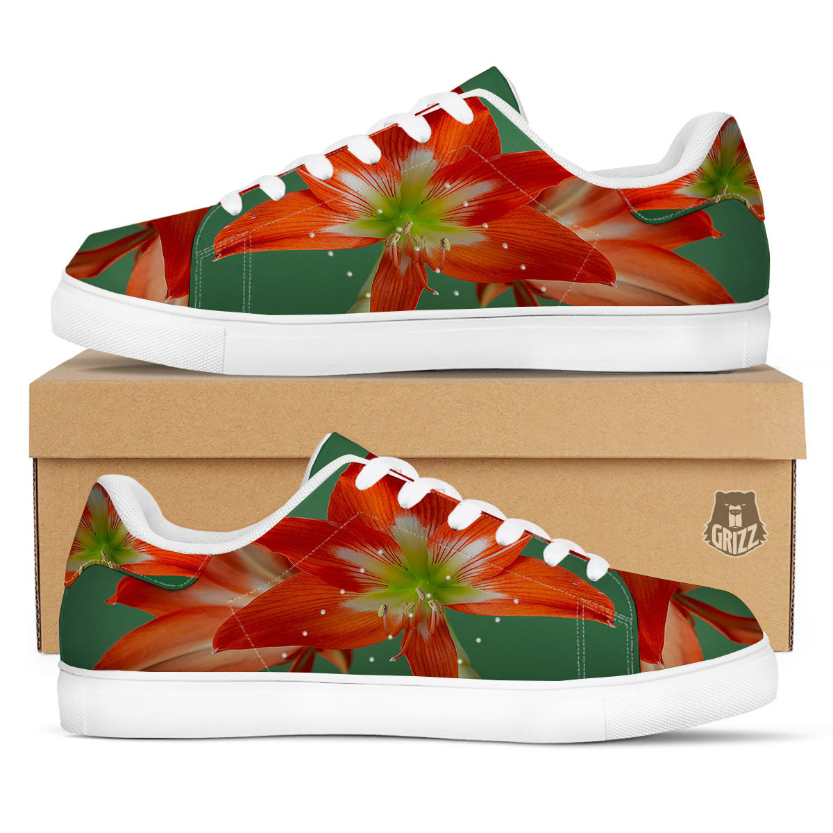Amaryllis Orange Print White Low Top Sneakers-grizzshop