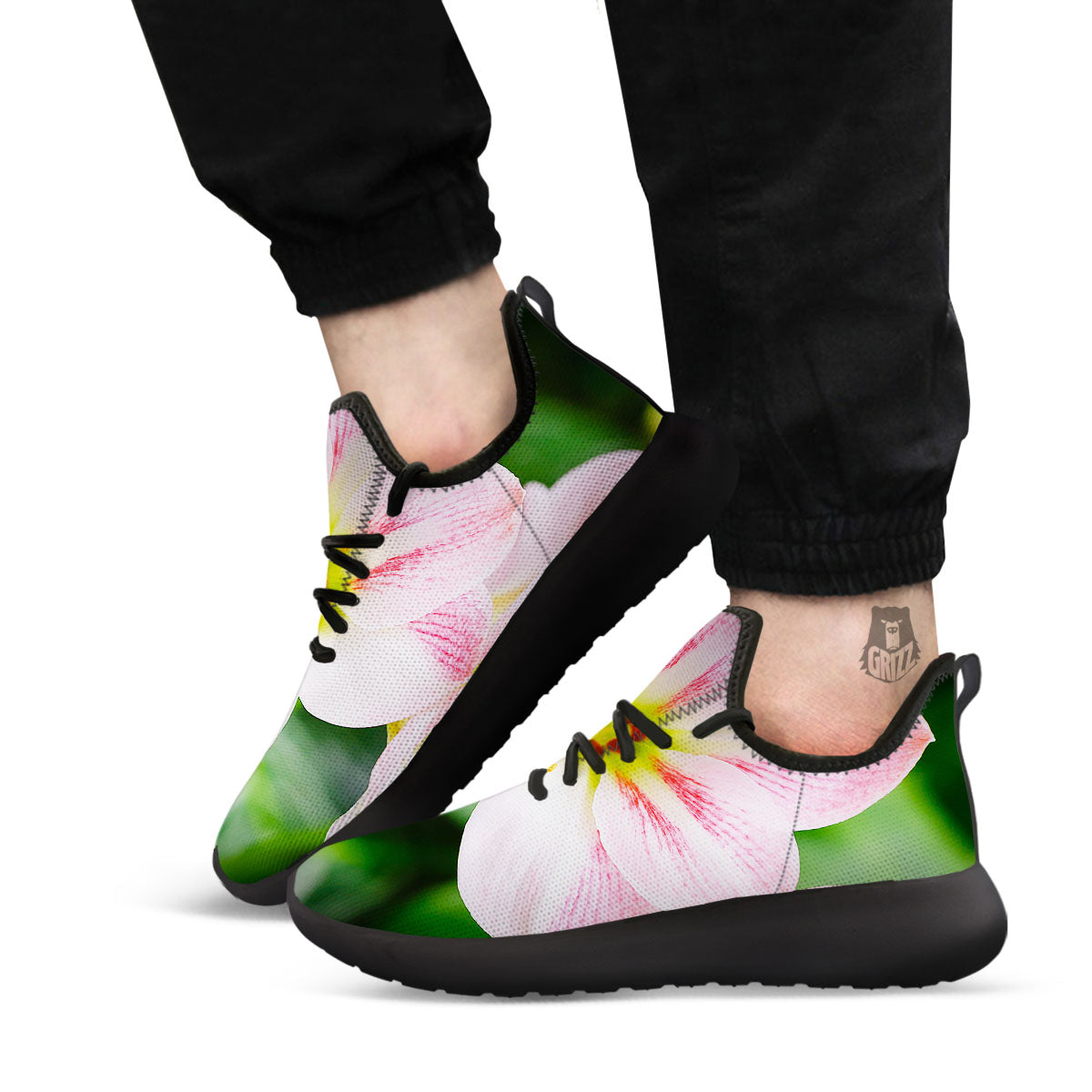 Amaryllis Pink And White Print Black Athletic Shoes-grizzshop