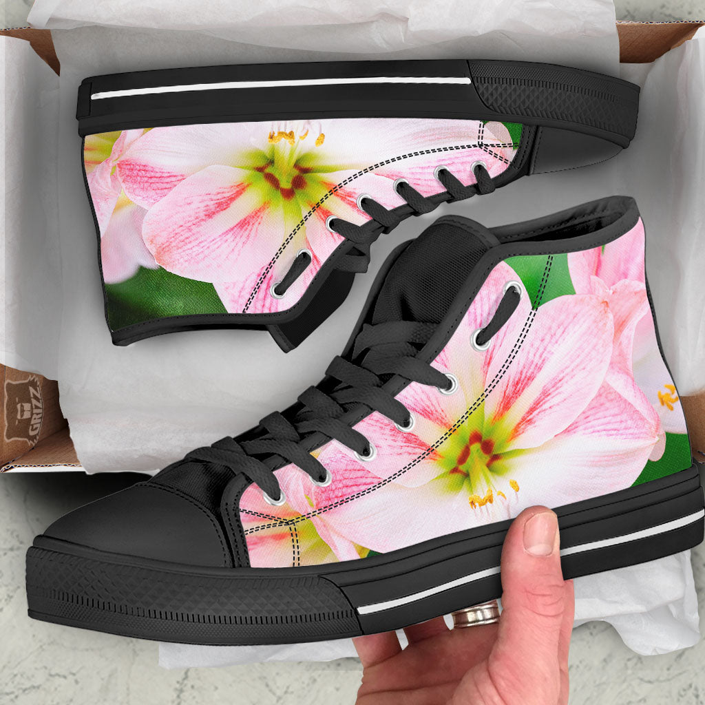 Amaryllis Pink And White Print Black High Top Shoes-grizzshop
