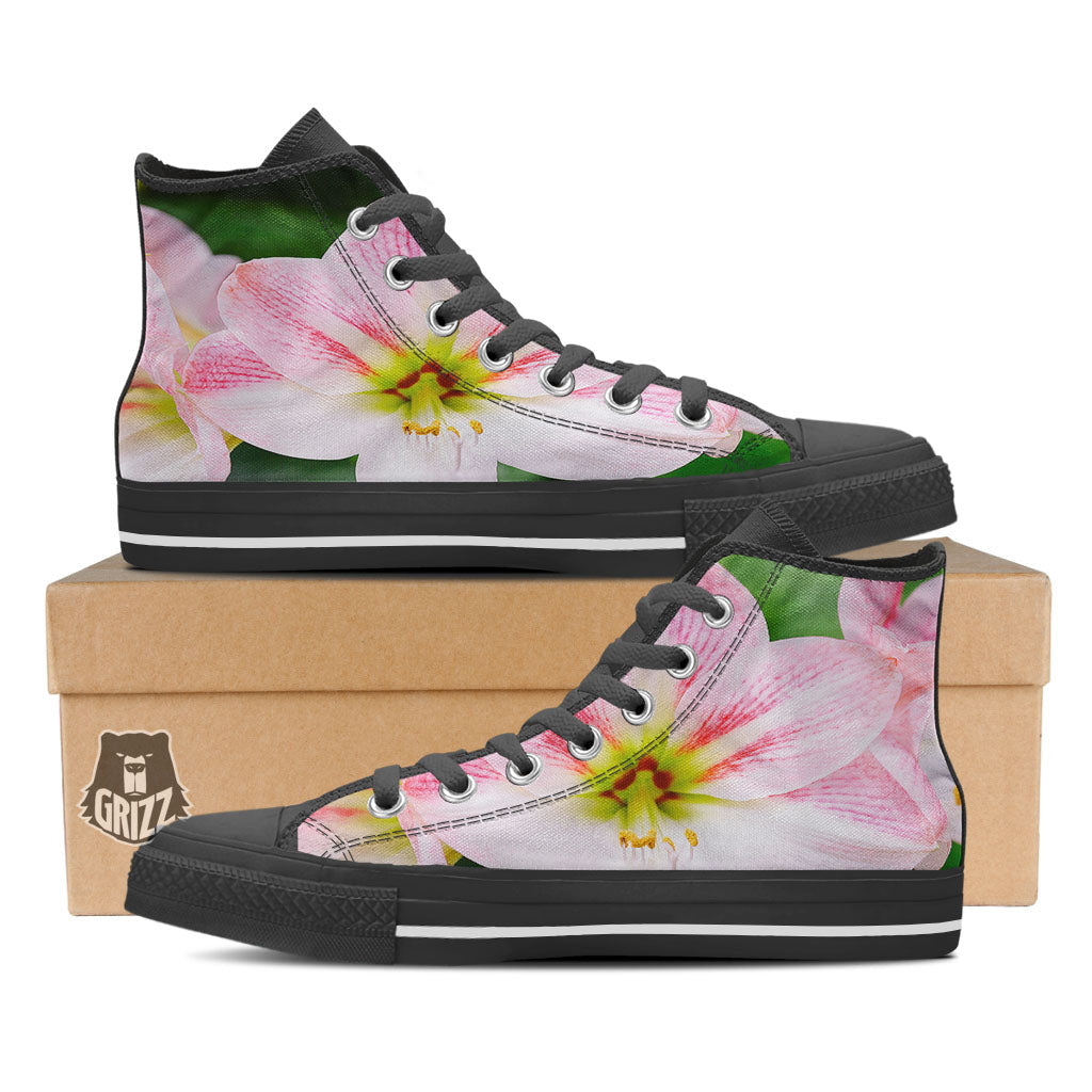 Amaryllis Pink And White Print Black High Top Shoes-grizzshop