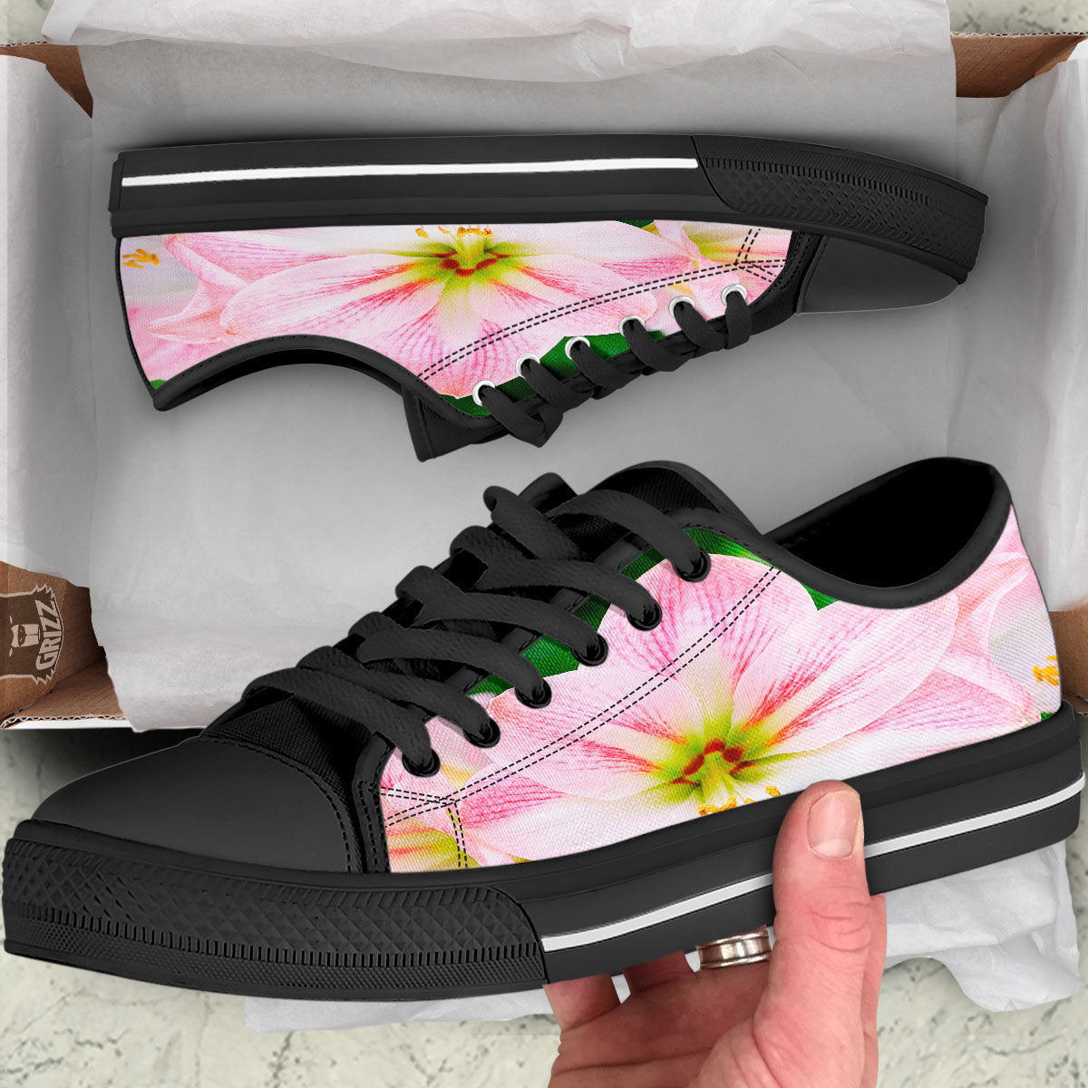 Amaryllis Pink And White Print Black Low Top Shoes-grizzshop