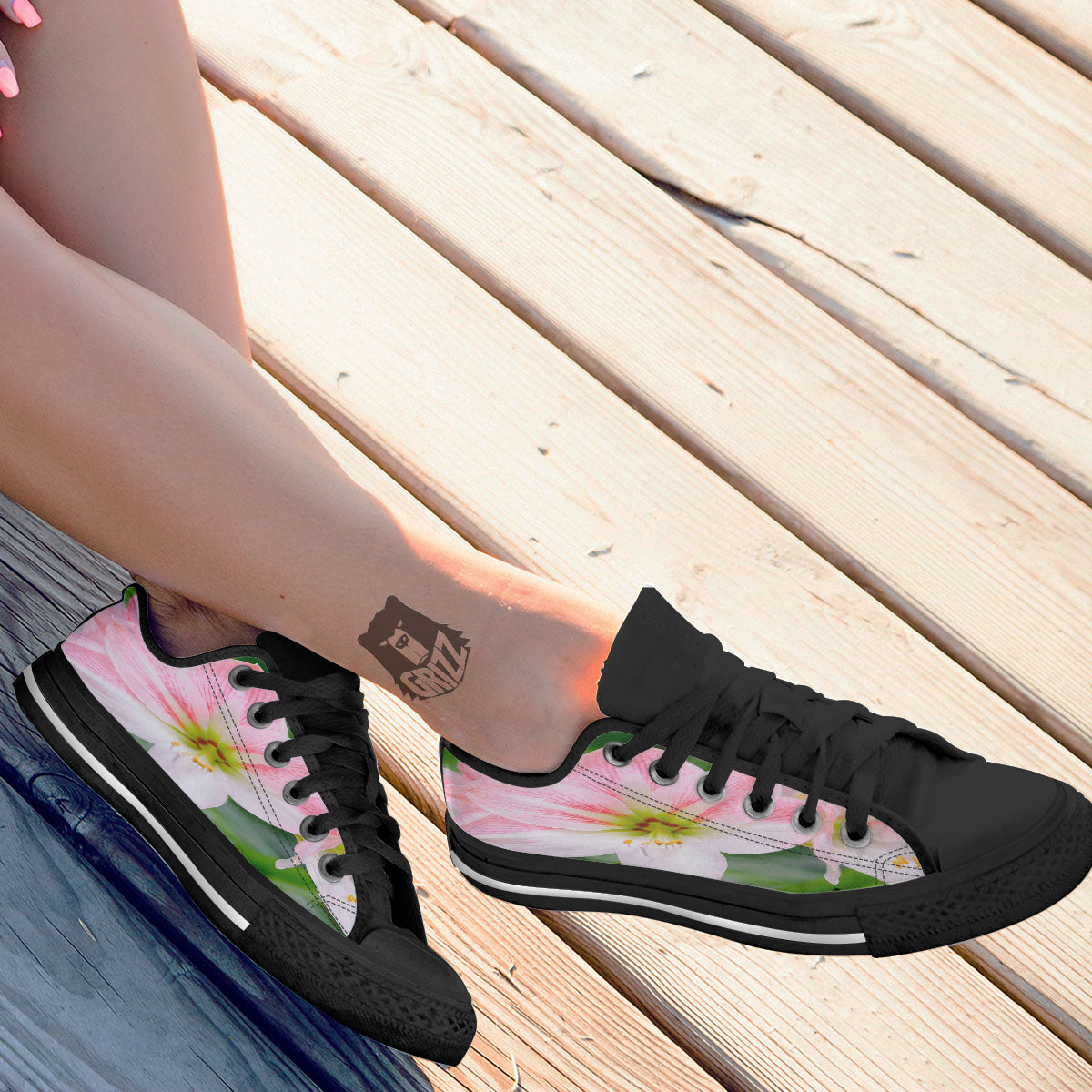 Amaryllis Pink And White Print Black Low Top Shoes-grizzshop