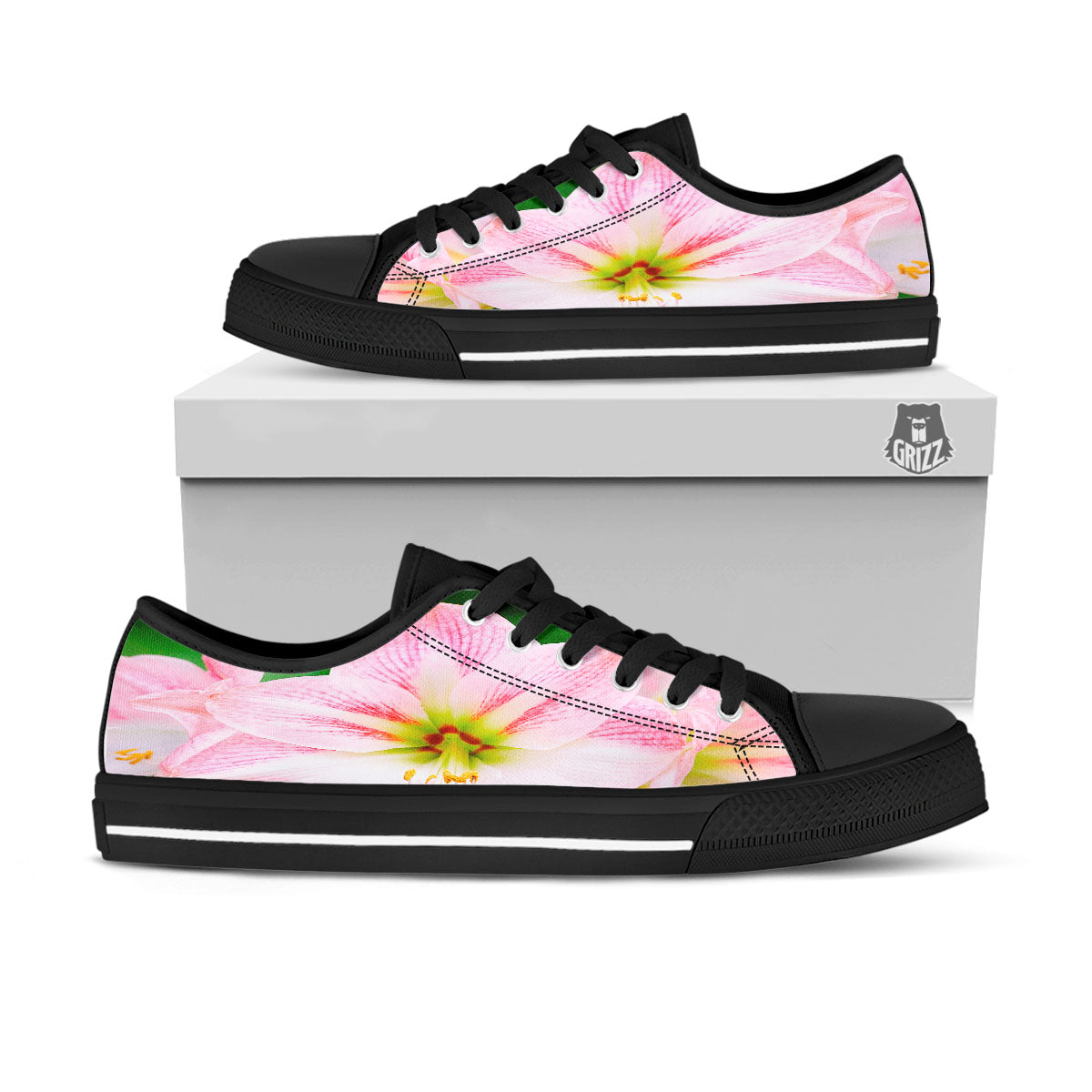 Amaryllis Pink And White Print Black Low Top Shoes-grizzshop