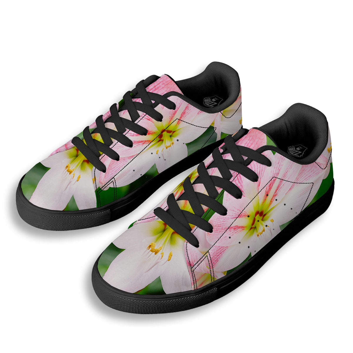 Amaryllis Pink And White Print Black Low Top Sneakers-grizzshop