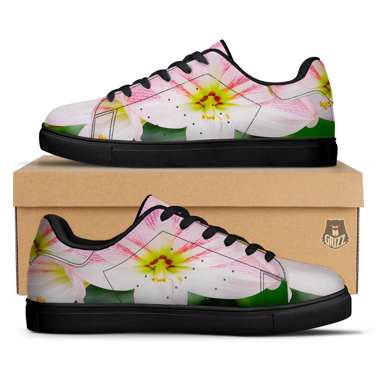 Amaryllis Pink And White Print Black Low Top Sneakers-grizzshop