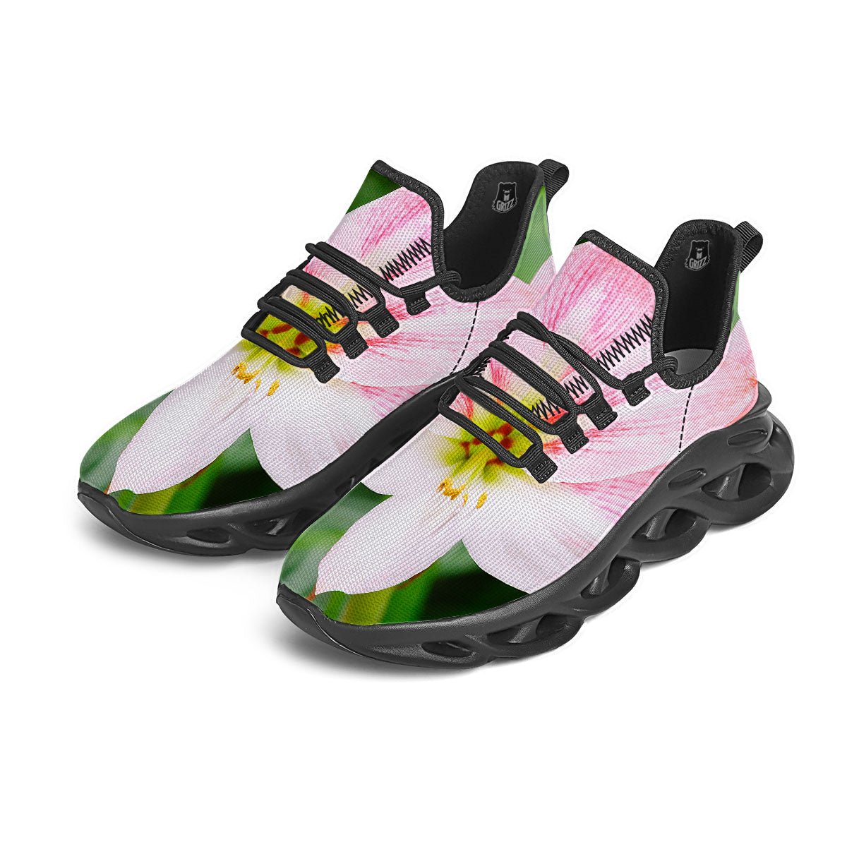 Amaryllis Pink And White Print Black Running Shoes-grizzshop