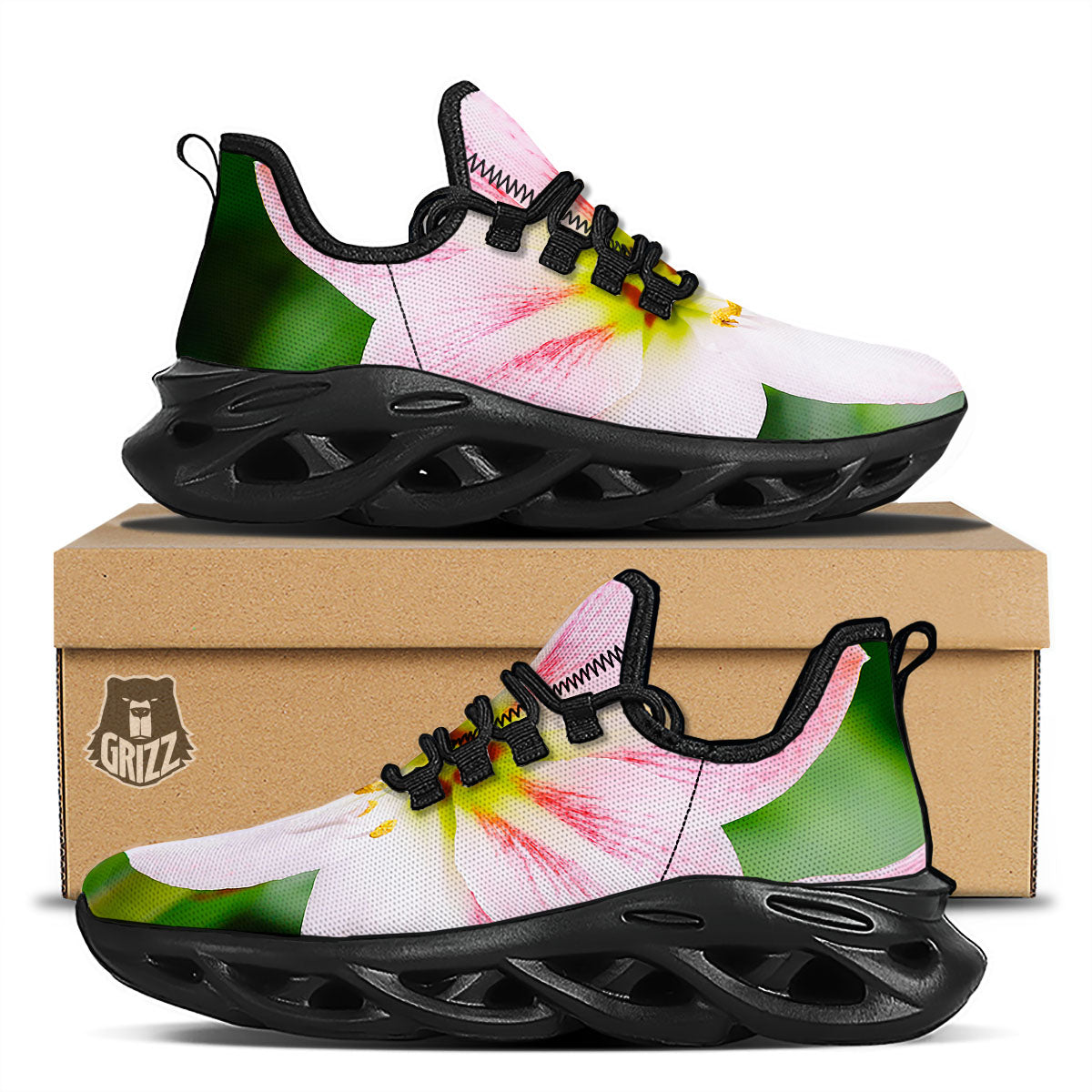 Amaryllis Pink And White Print Black Running Shoes-grizzshop