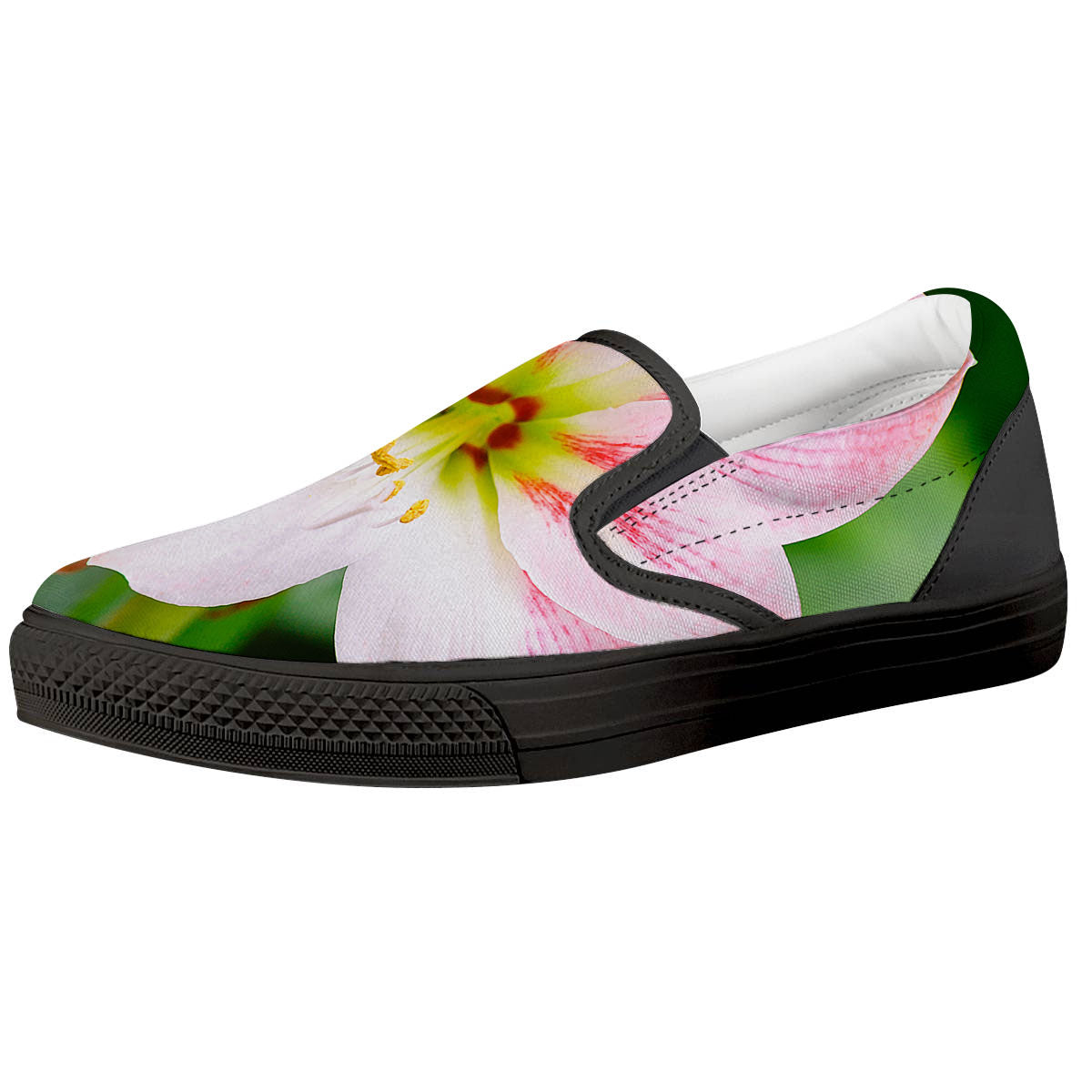 Amaryllis Pink And White Print Black Slip On Shoes-grizzshop