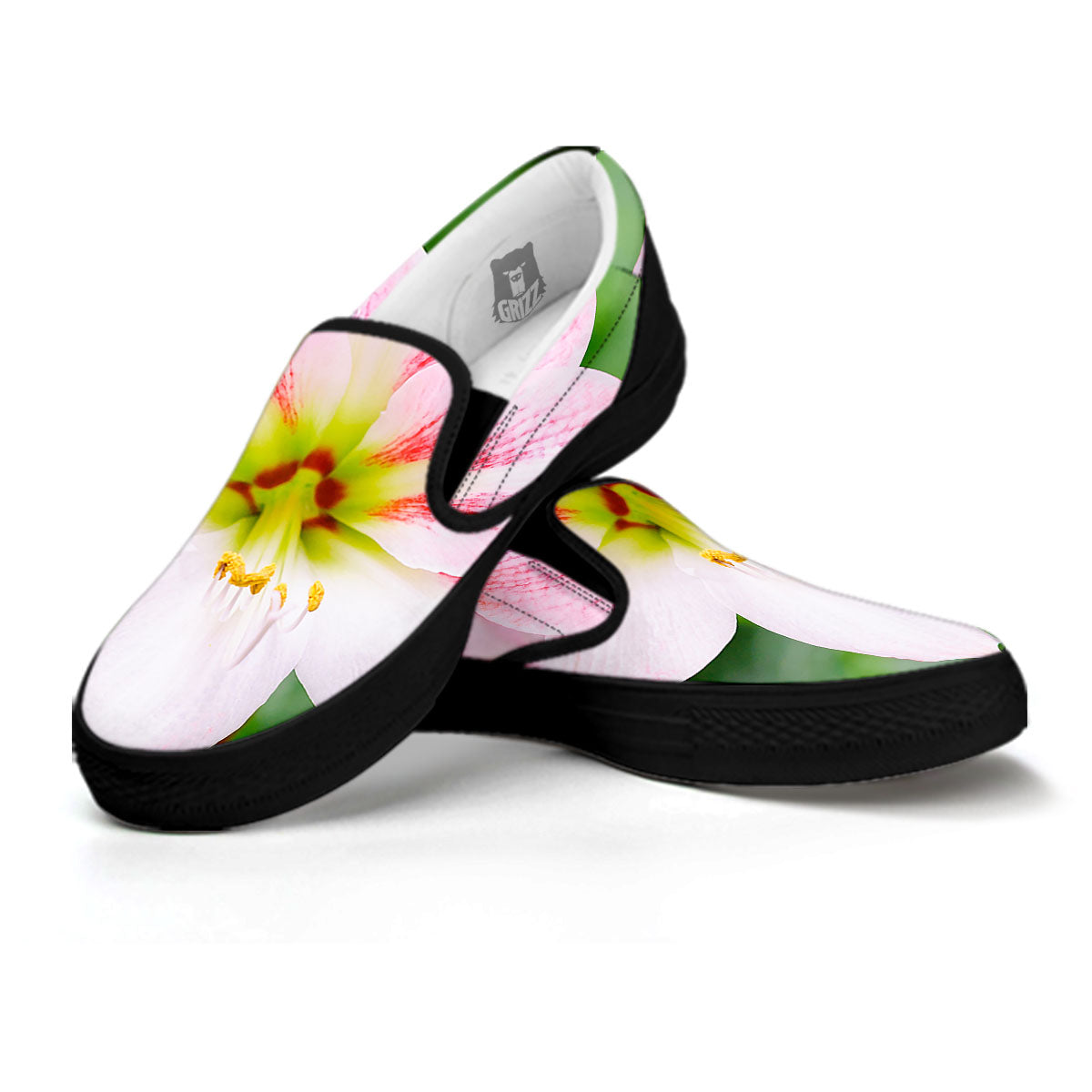 Amaryllis Pink And White Print Black Slip On Shoes-grizzshop