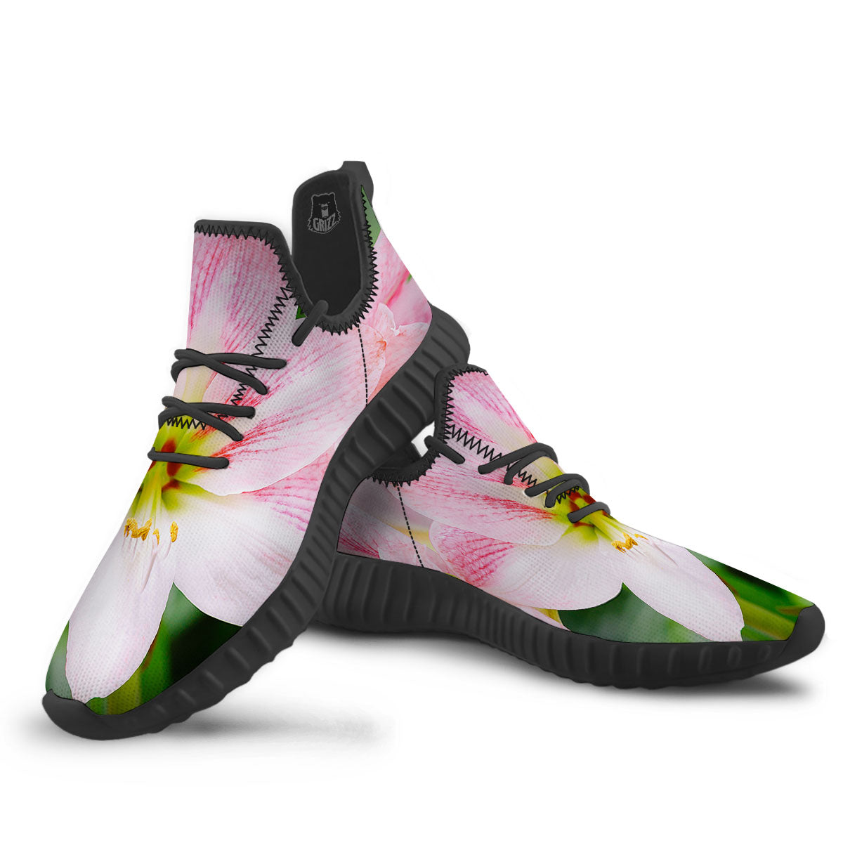 Amaryllis Pink And White Print Black Walking Shoes-grizzshop