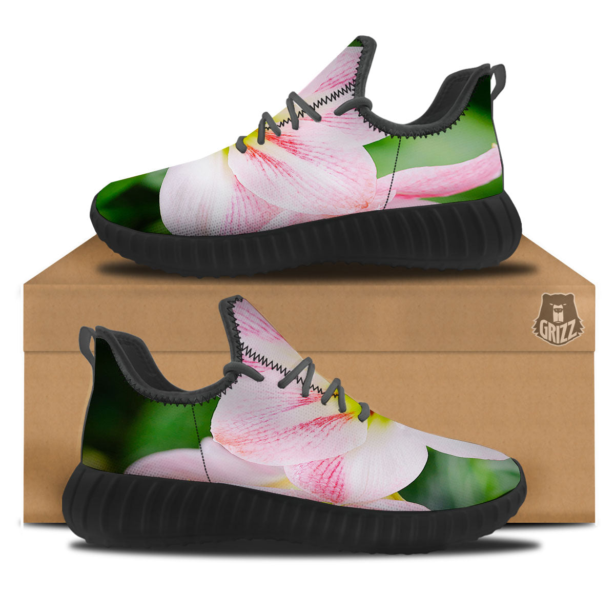 Amaryllis Pink And White Print Black Walking Shoes-grizzshop