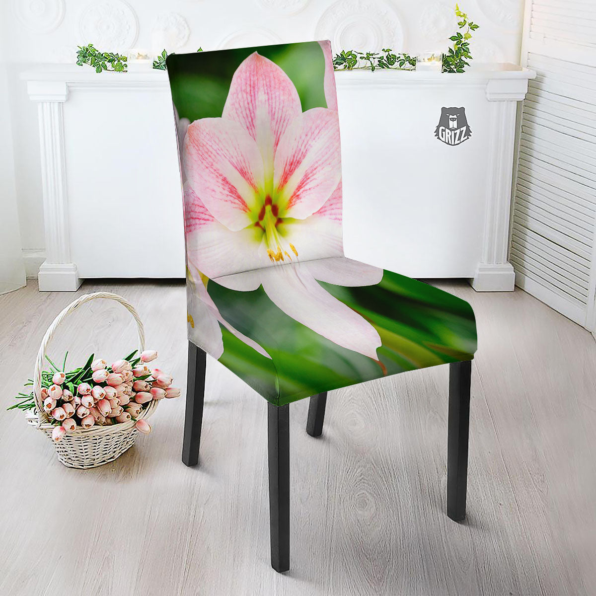 Amaryllis Pink And White Print Dining Chair Slipcover-grizzshop