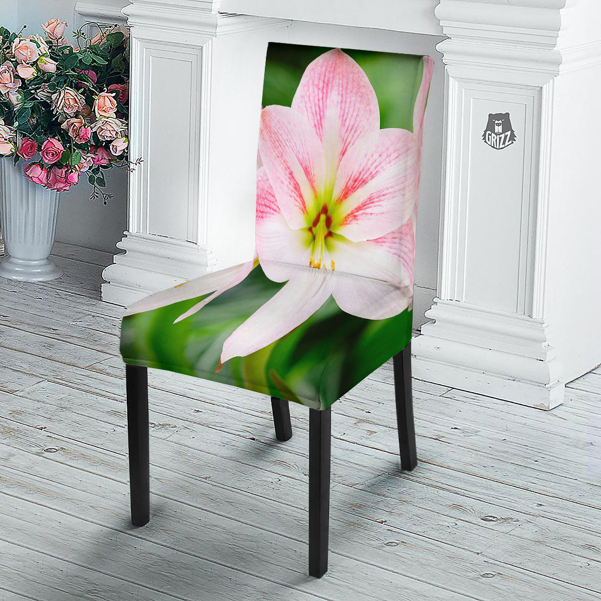 Amaryllis Pink And White Print Dining Chair Slipcover-grizzshop