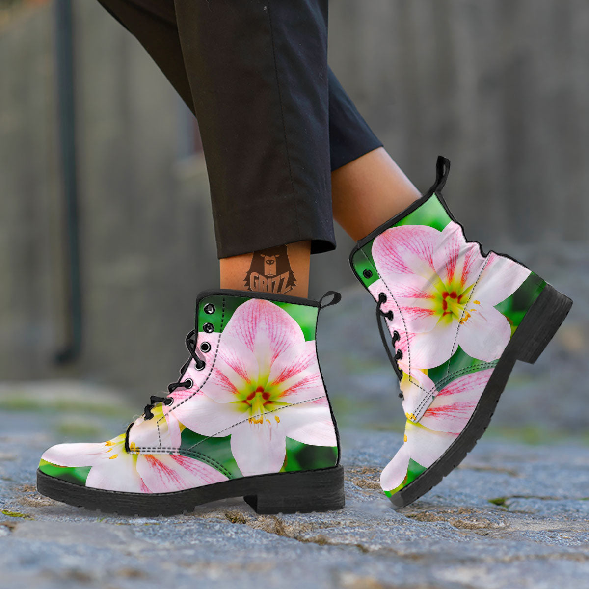 Amaryllis Pink And White Print Leather Boots-grizzshop