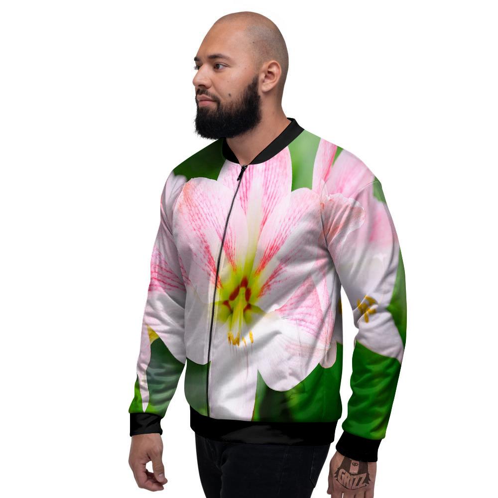 Amaryllis Pink And White Print Men's Bomber Jacket-grizzshop
