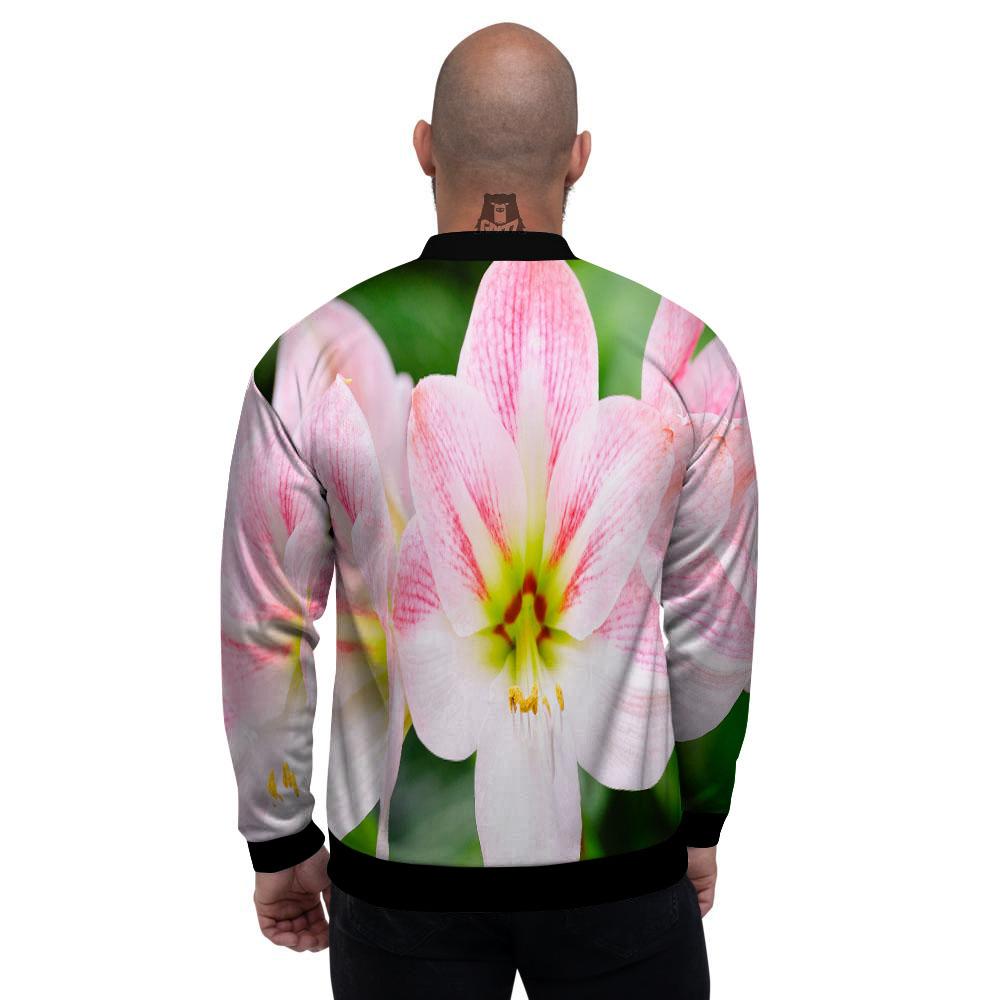 Amaryllis Pink And White Print Men's Bomber Jacket-grizzshop