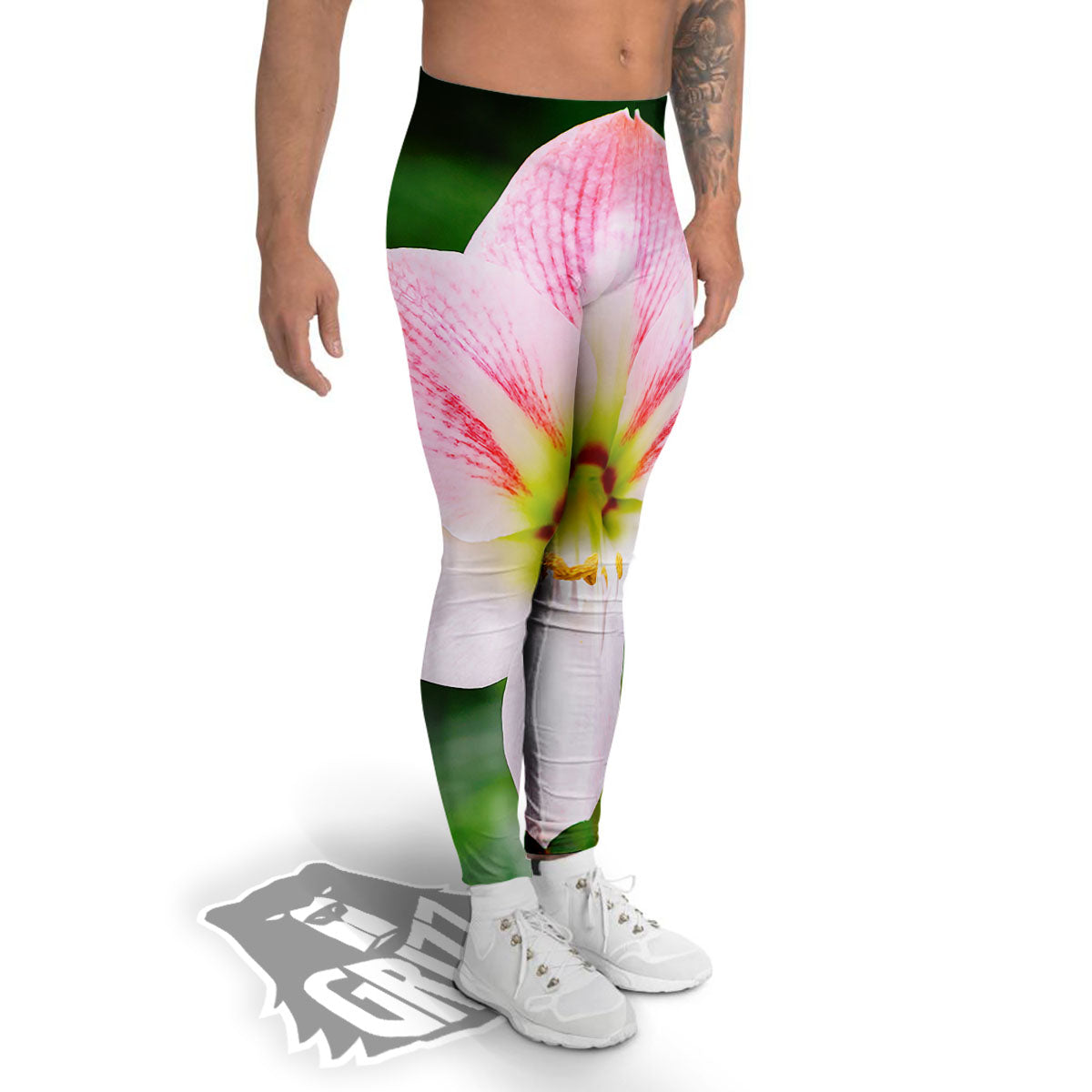 Amaryllis Pink And White Print Men's Leggings-grizzshop