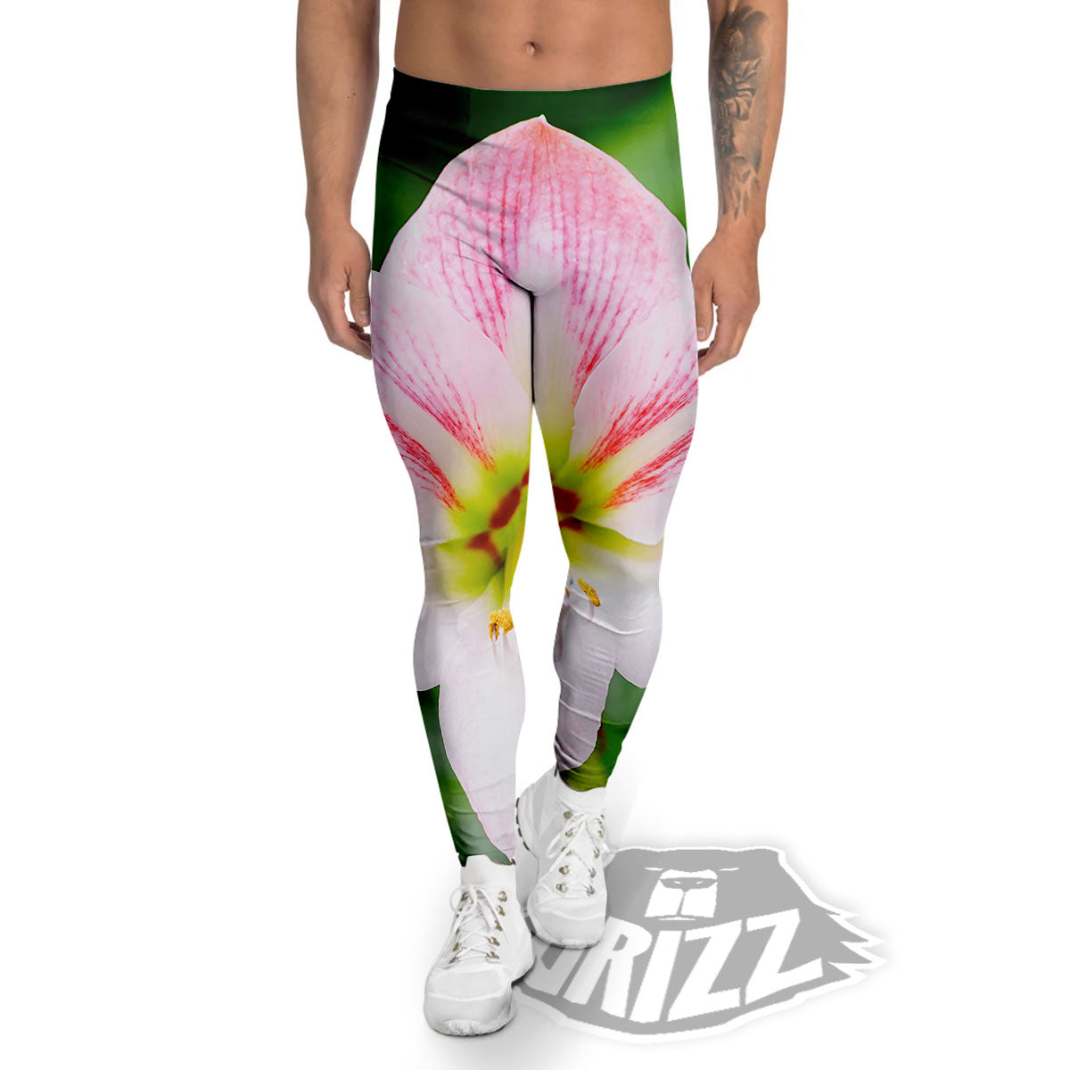 Amaryllis Pink And White Print Men's Leggings-grizzshop