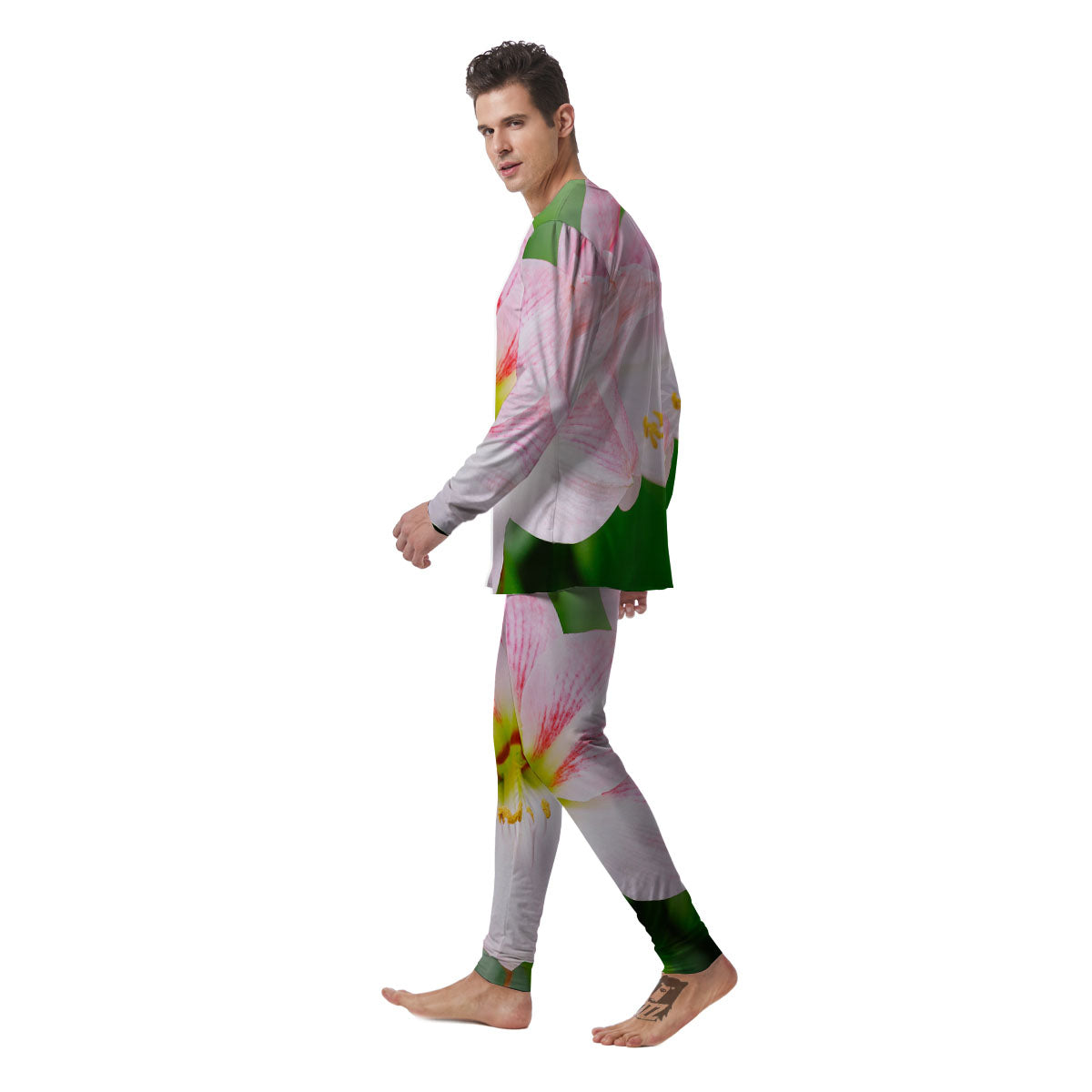 Amaryllis Pink And White Print Men's Pajamas-grizzshop