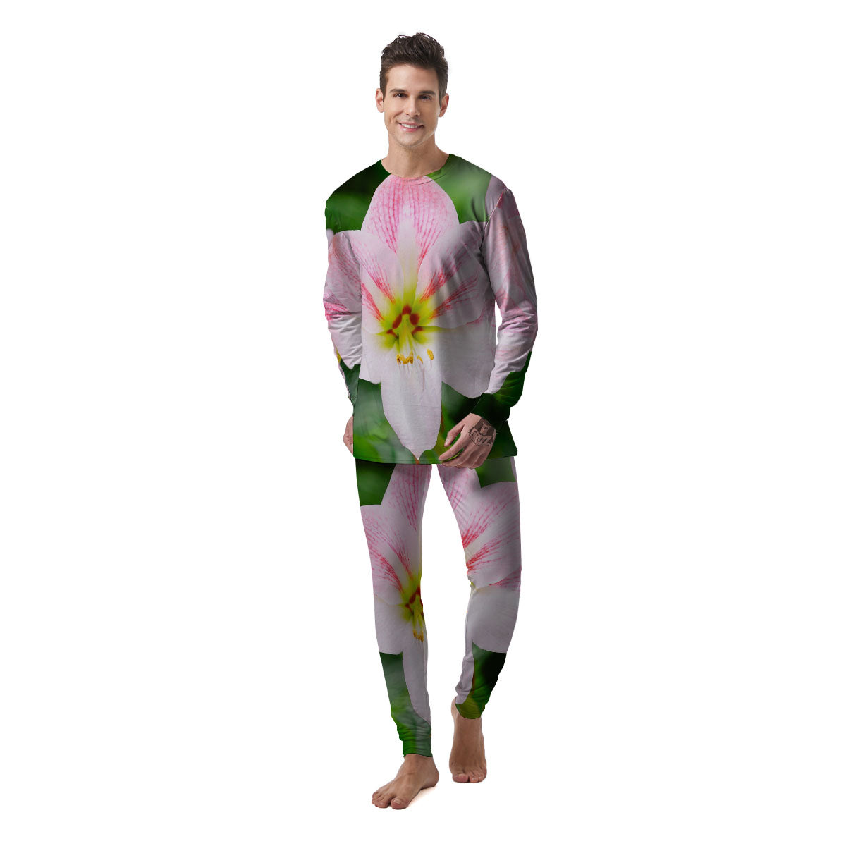 Amaryllis Pink And White Print Men's Pajamas-grizzshop