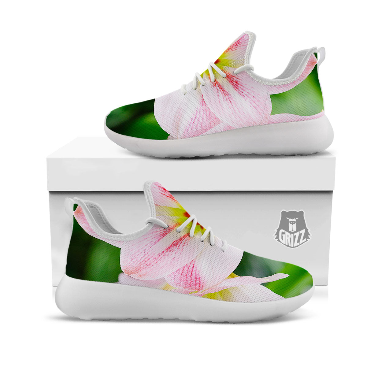 Amaryllis Pink And White Print White Athletic Shoes-grizzshop