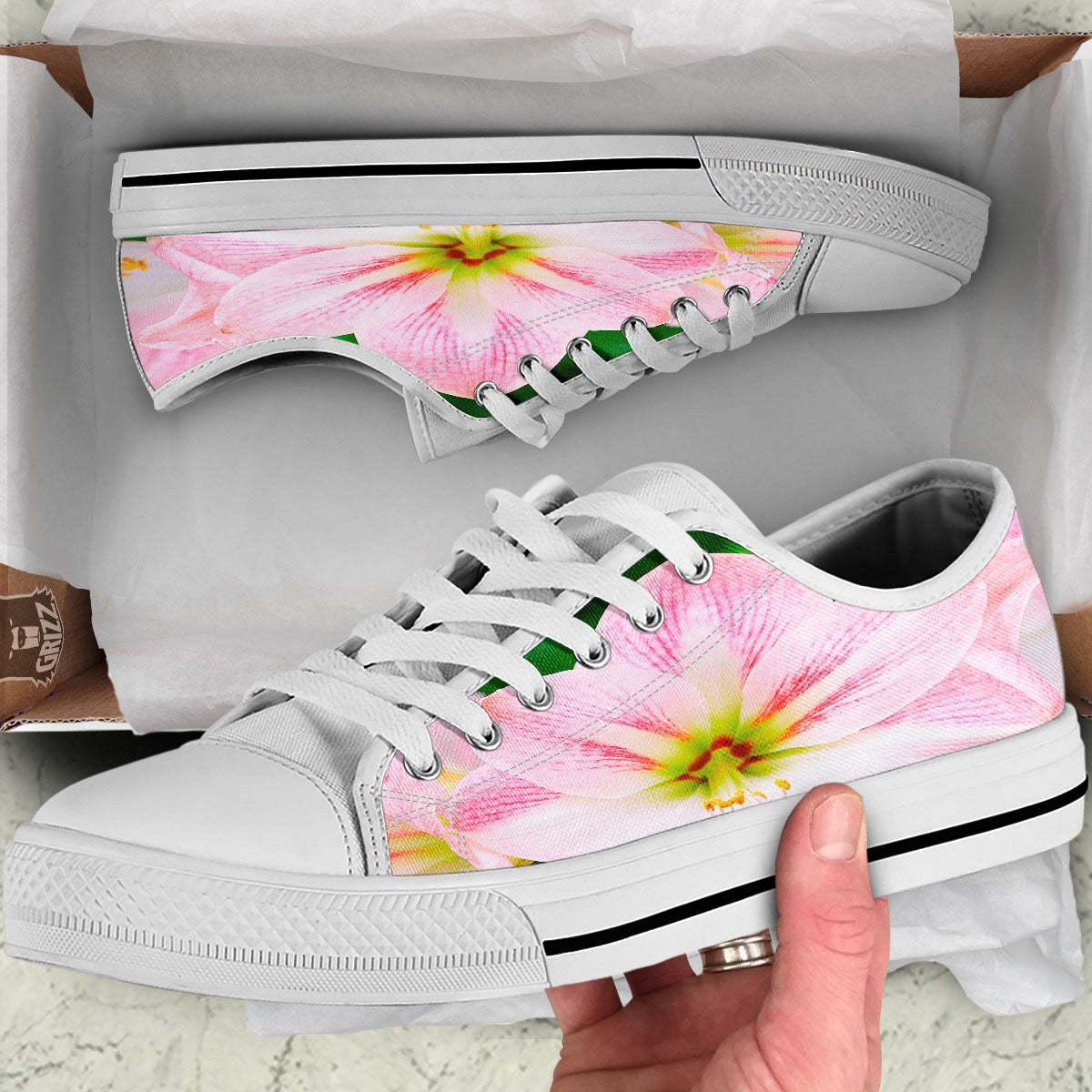 Amaryllis Pink And White Print White Low Top Shoes-grizzshop