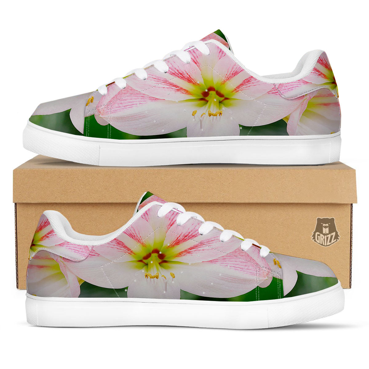 Amaryllis Pink And White Print White Low Top Sneakers-grizzshop