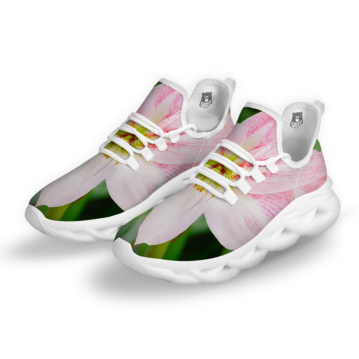 Amaryllis Pink And White Print White Running Shoes-grizzshop