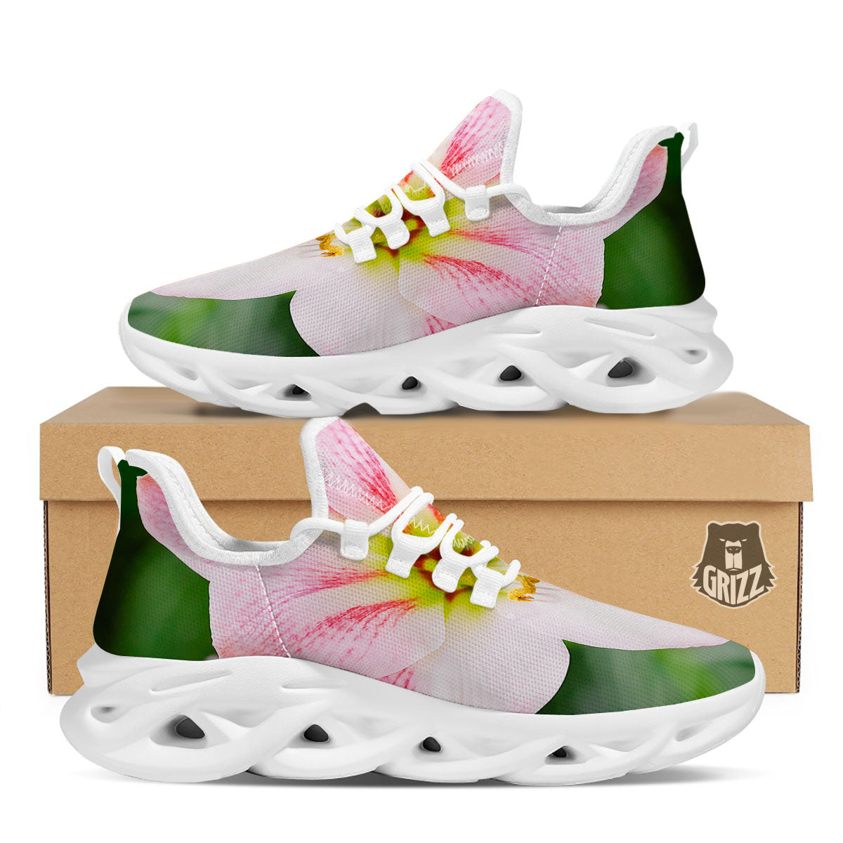 Amaryllis Pink And White Print White Running Shoes-grizzshop