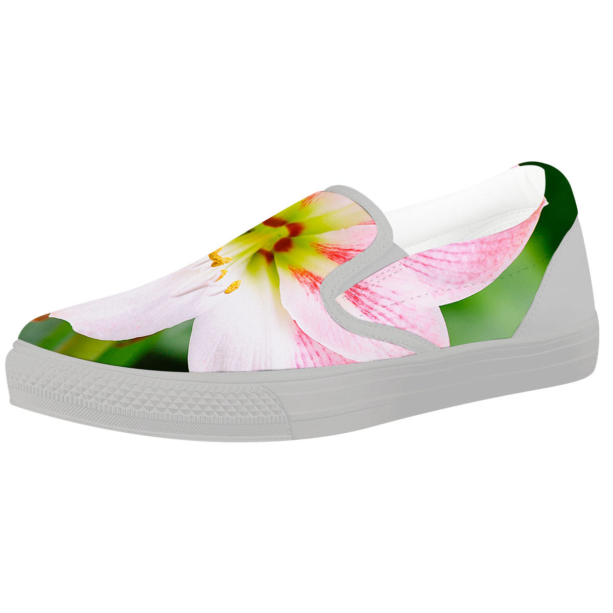 Amaryllis Pink And White Print White Slip On Shoes-grizzshop