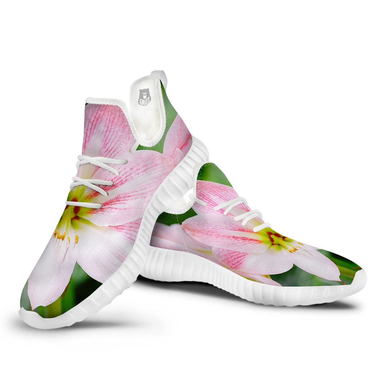 Amaryllis Pink And White Print White Walking Shoes-grizzshop