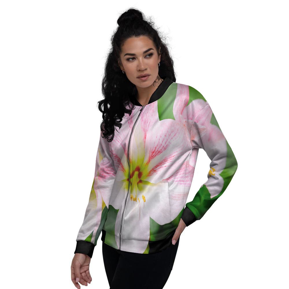Amaryllis Pink And White Print Women's Bomber Jacket-grizzshop