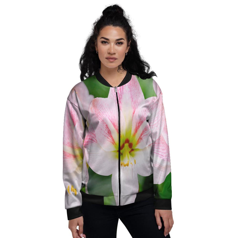 Amaryllis Pink And White Print Women's Bomber Jacket-grizzshop