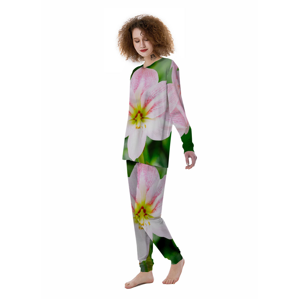 Amaryllis Pink And White Print Women's Pajamas-grizzshop