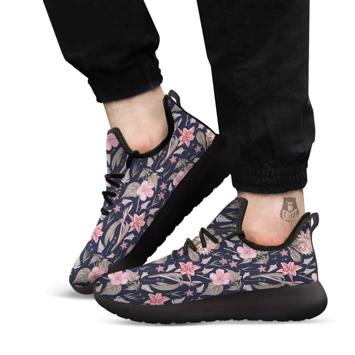 Amaryllis Pink Print Pattern Black Athletic Shoes-grizzshop