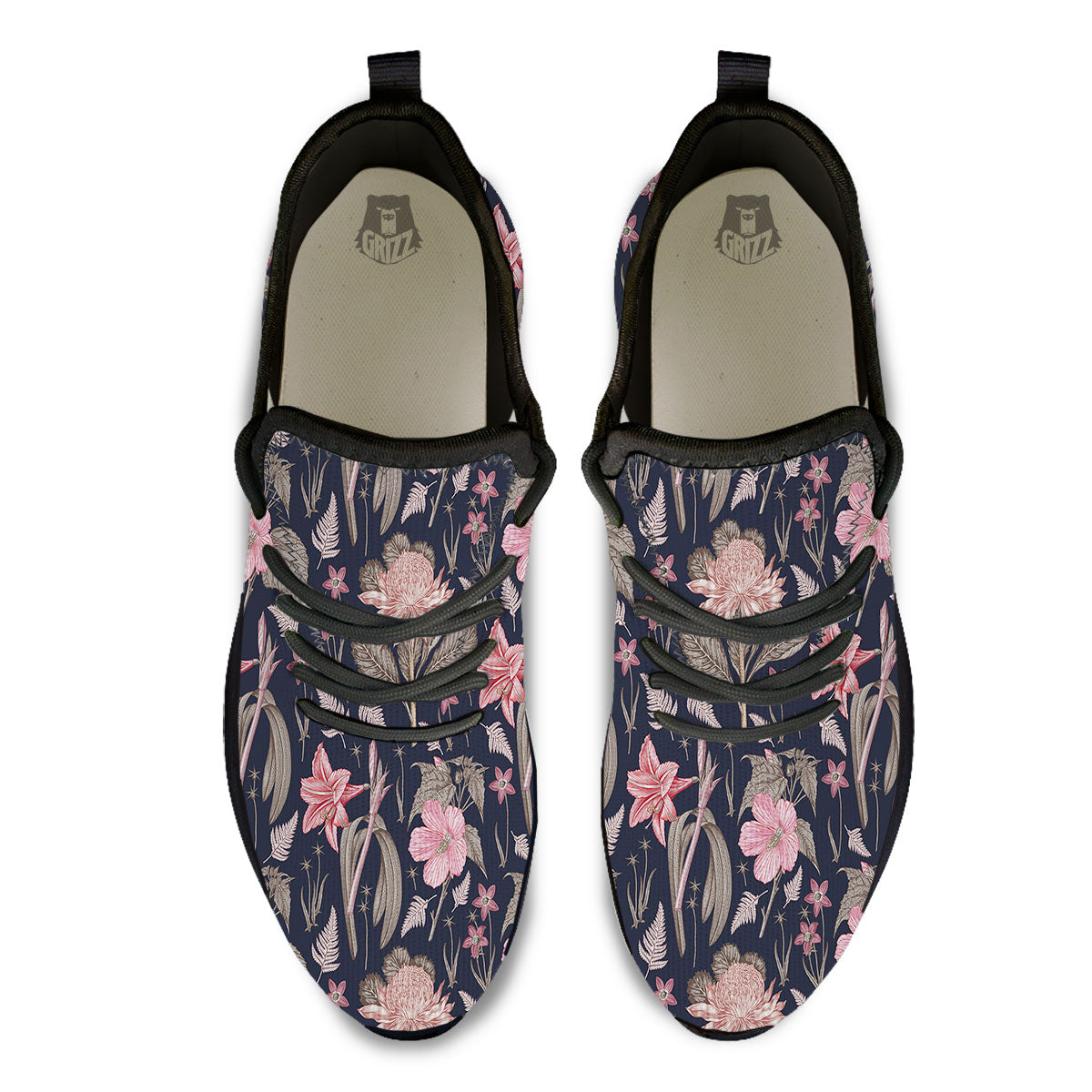 Amaryllis Pink Print Pattern Black Athletic Shoes-grizzshop