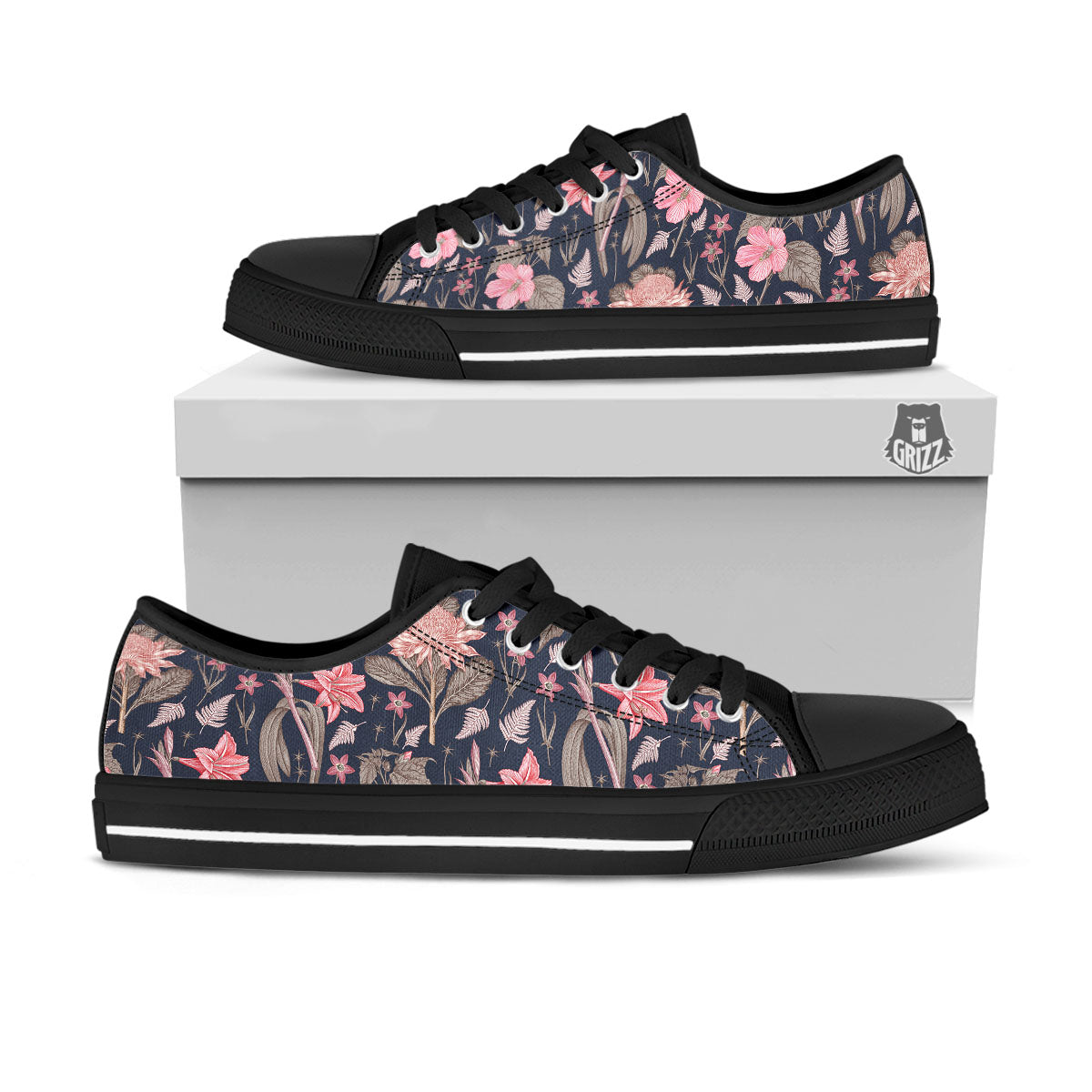 Amaryllis Pink Print Pattern Black Low Top Shoes-grizzshop