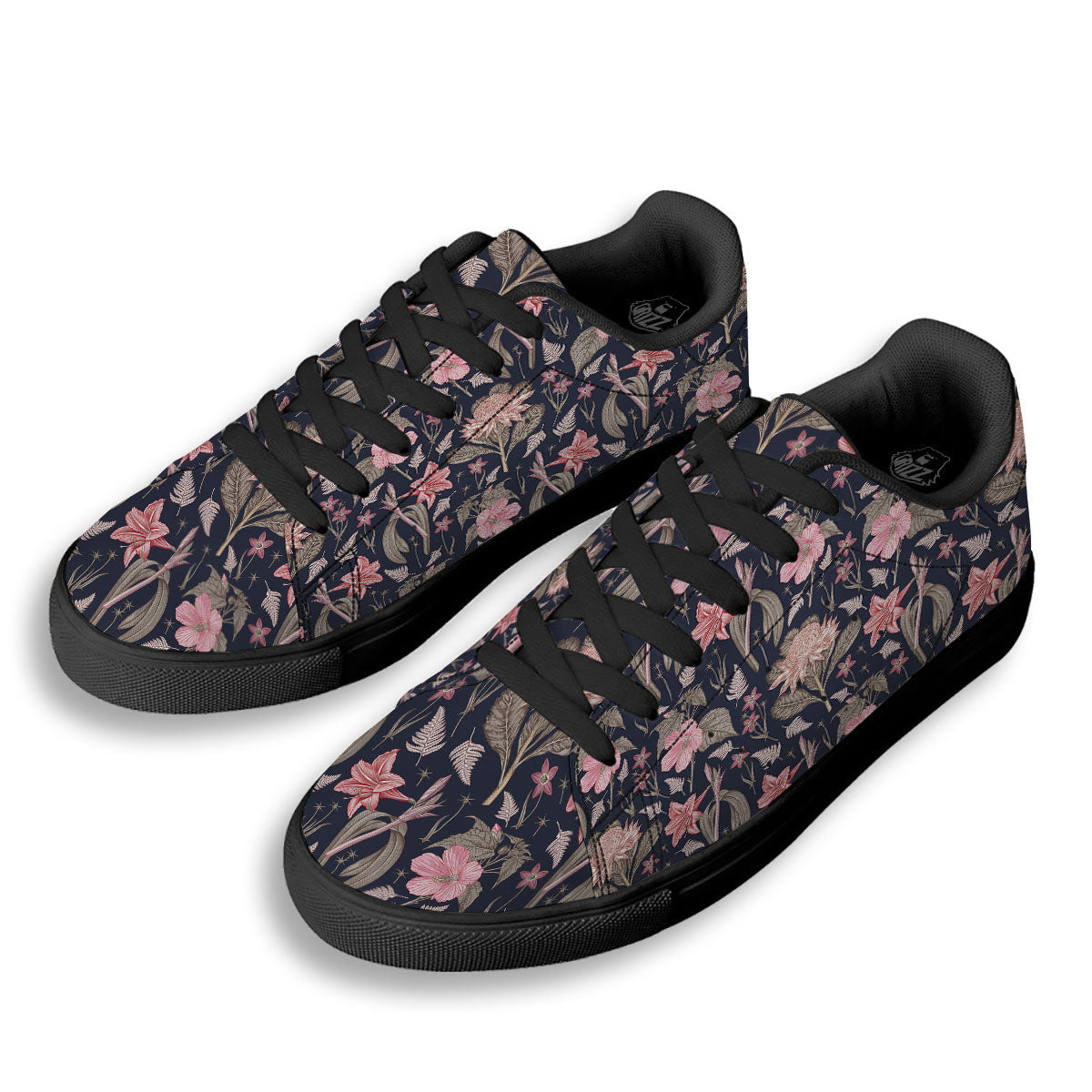 Amaryllis Pink Print Pattern Black Low Top Sneakers-grizzshop