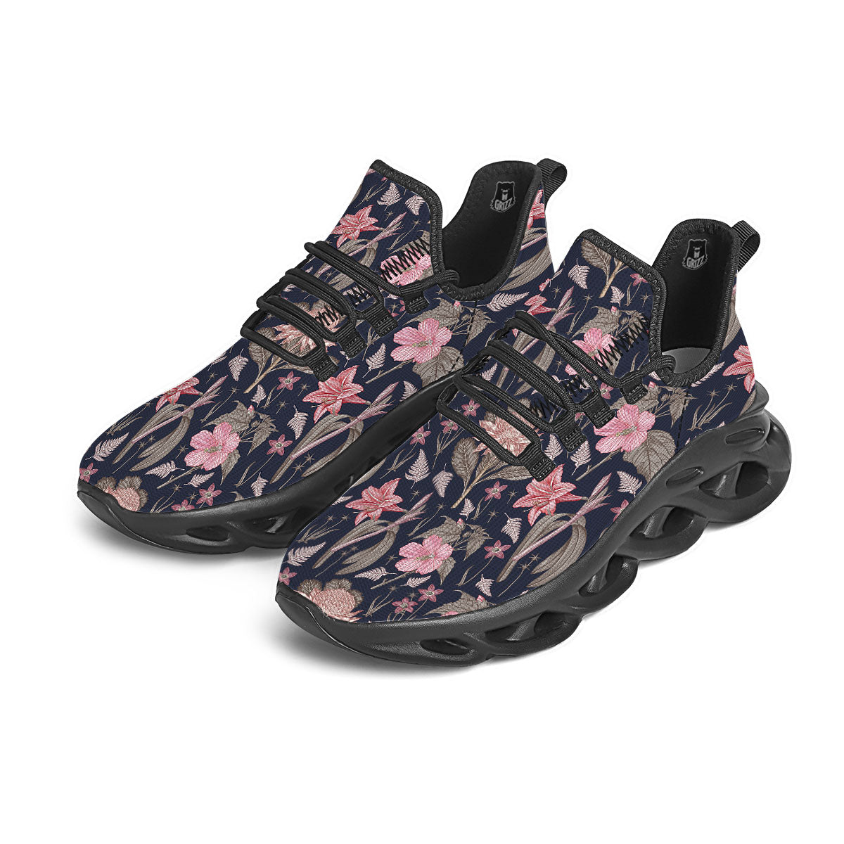 Amaryllis Pink Print Pattern Black Running Shoes-grizzshop