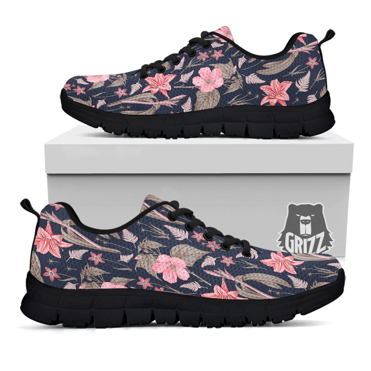 Amaryllis Pink Print Pattern Black Sneaker-grizzshop