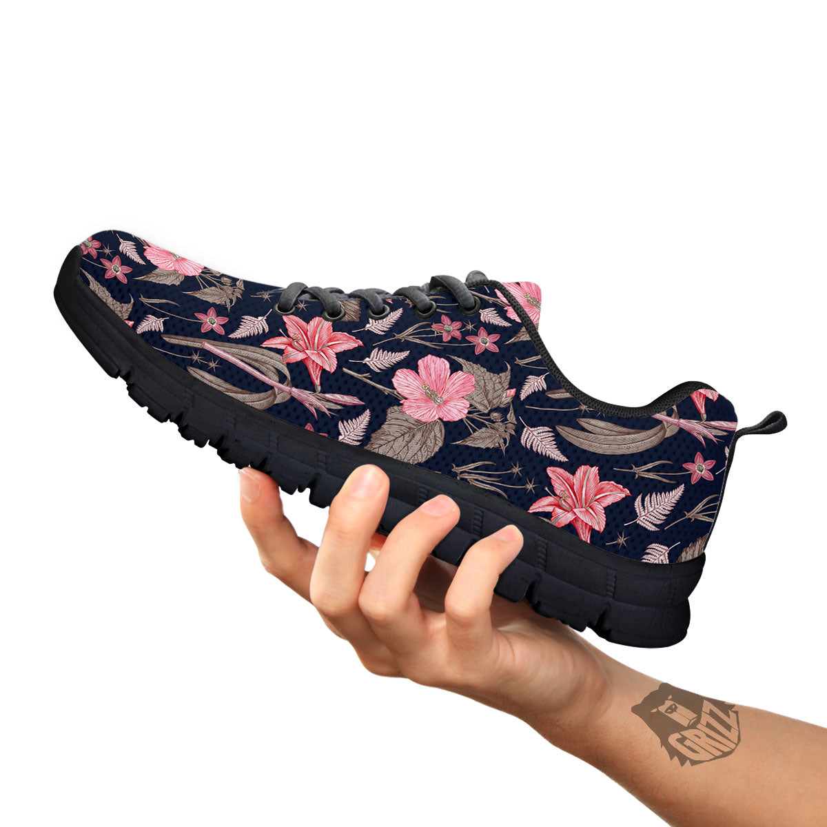 Amaryllis Pink Print Pattern Black Sneaker-grizzshop