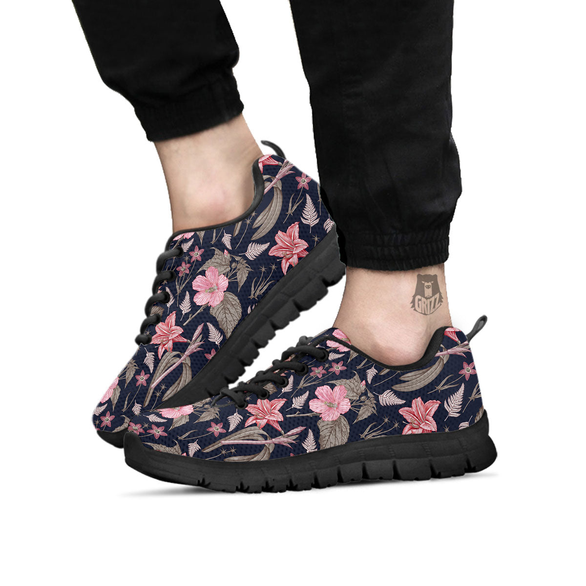 Amaryllis Pink Print Pattern Black Sneaker-grizzshop