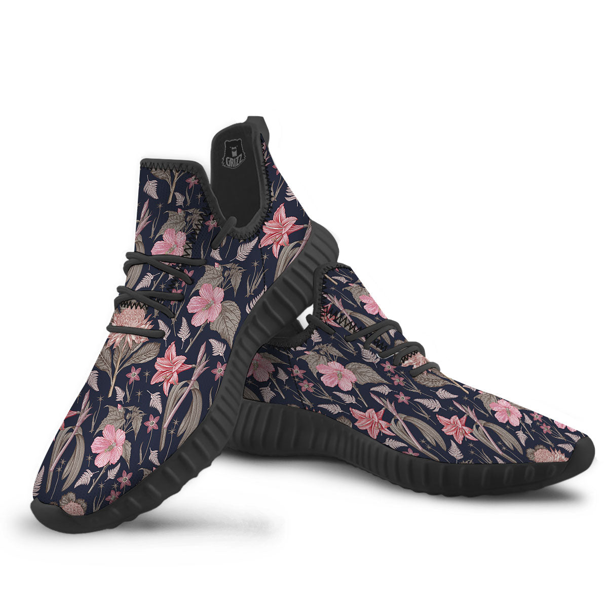Amaryllis Pink Print Pattern Black Walking Shoes-grizzshop