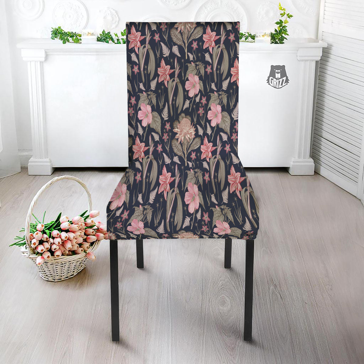 Amaryllis Pink Print Pattern Dining Chair Slipcover-grizzshop