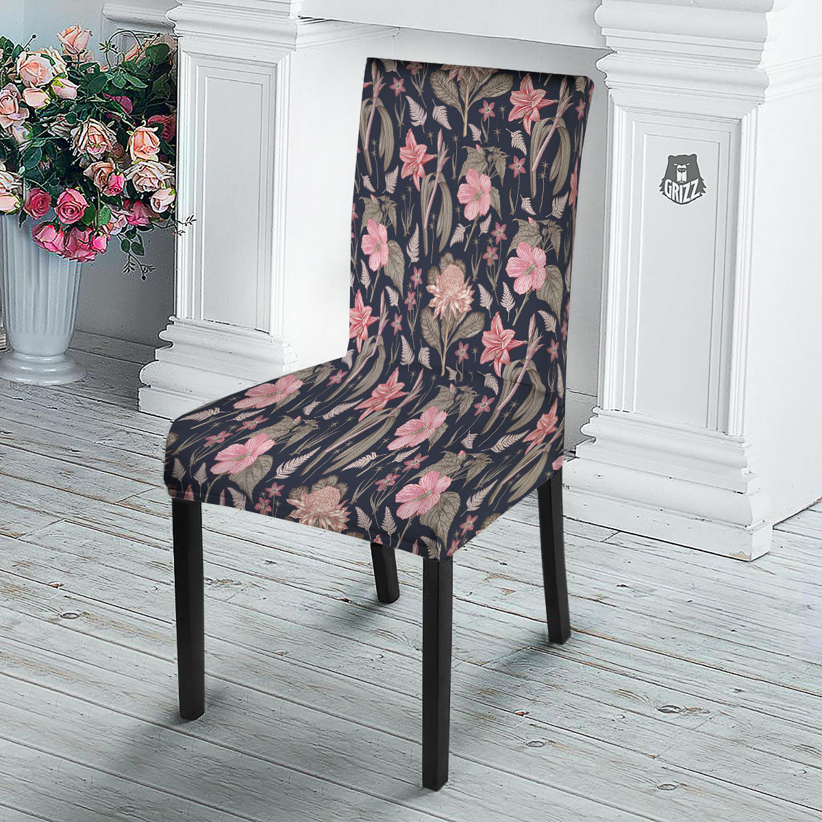 Amaryllis Pink Print Pattern Dining Chair Slipcover-grizzshop