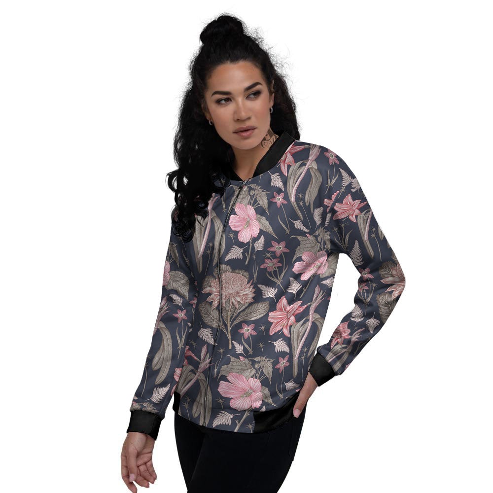 Amaryllis Pink Print Pattern Women's Bomber Jacket-grizzshop